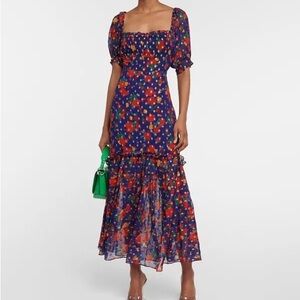 RIXO Blue Floral Puff-Sleeve Dress with Red Accents